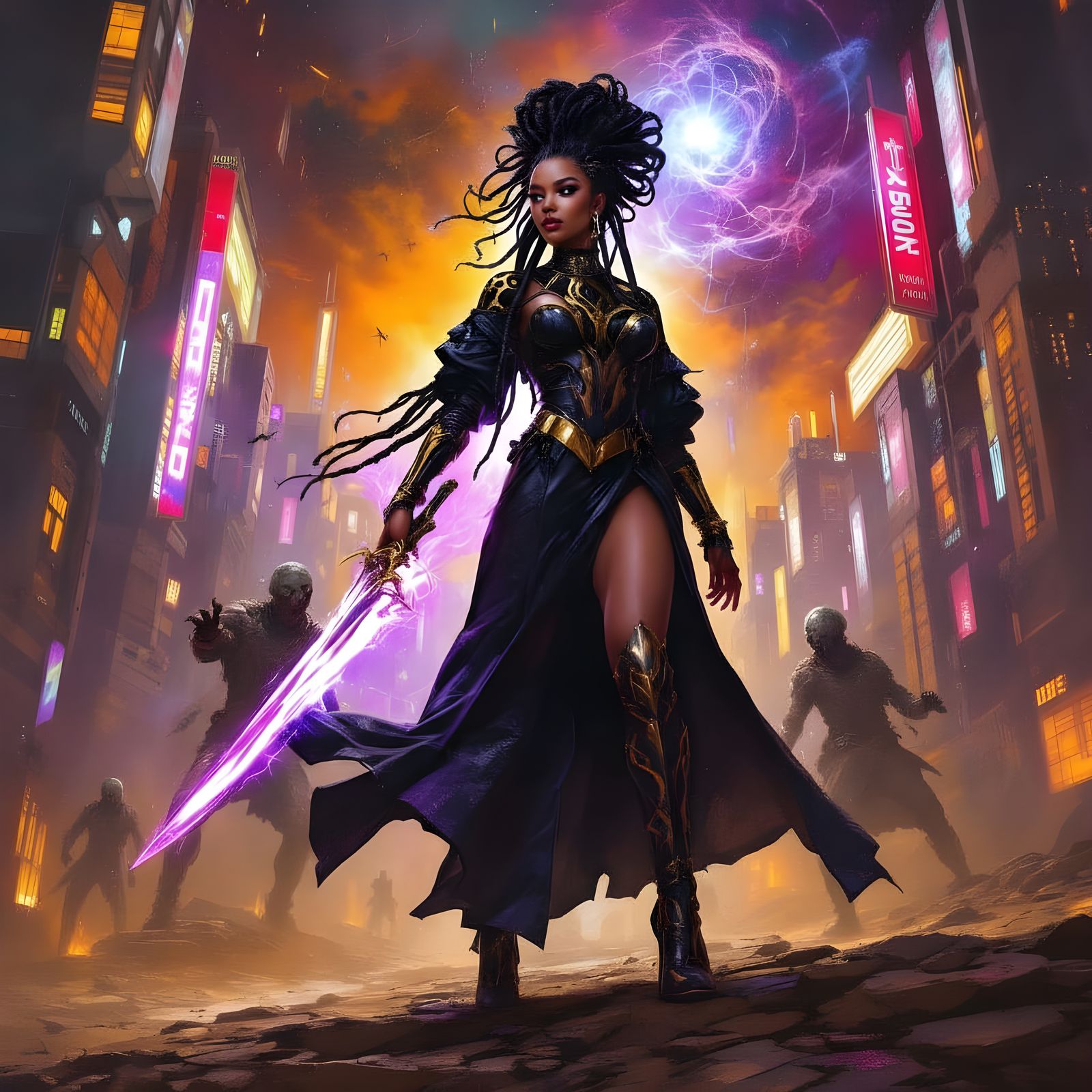 African Warrior Goddess vs. Cyberpunk Zombies in Oil Paintin...