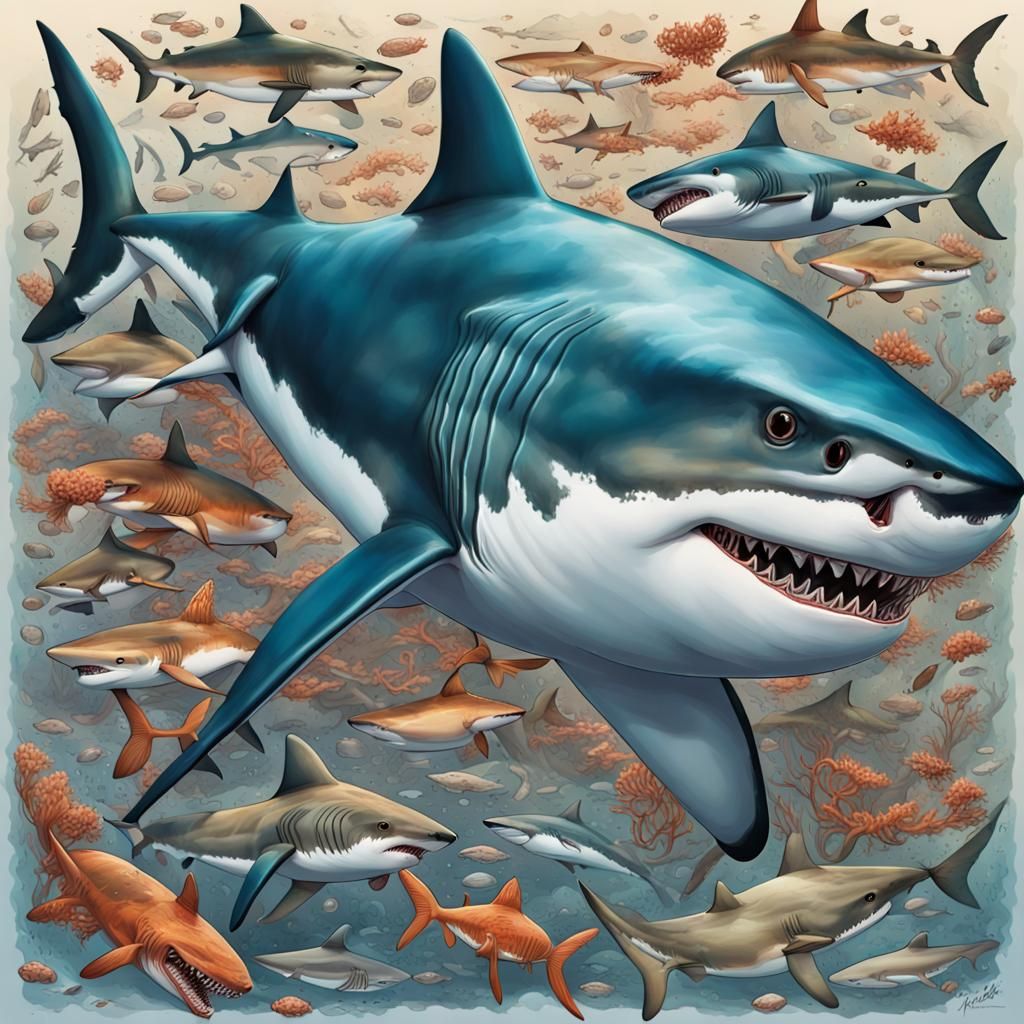 Shark Species in Natural Habitat: Hyperrealistic Splash Art
