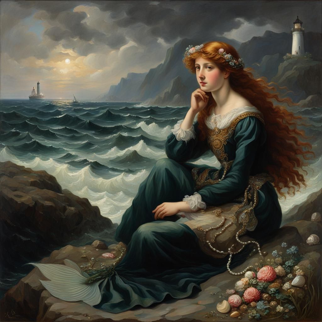 Pre-Raphaelite Mermaid in Stormy Seas