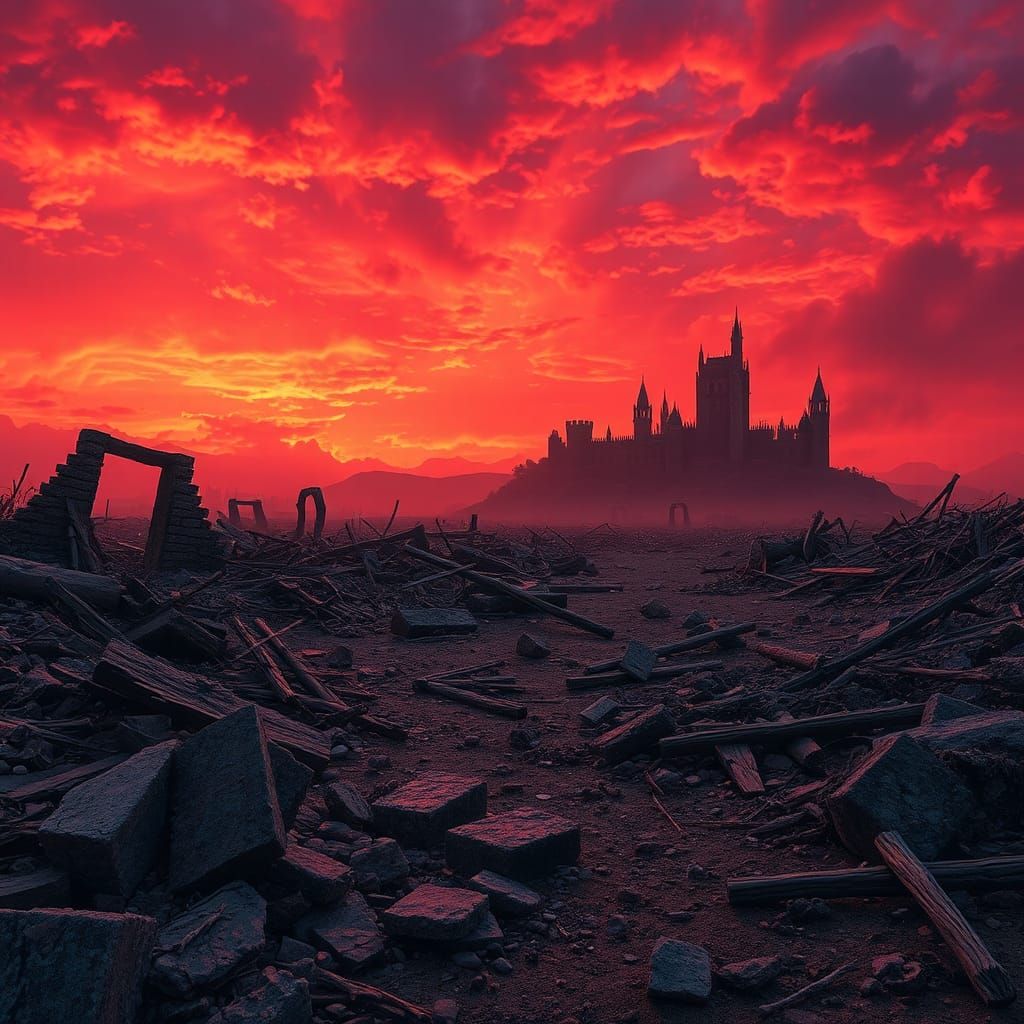 Battle-Scarred Landscape with Fiery Sky