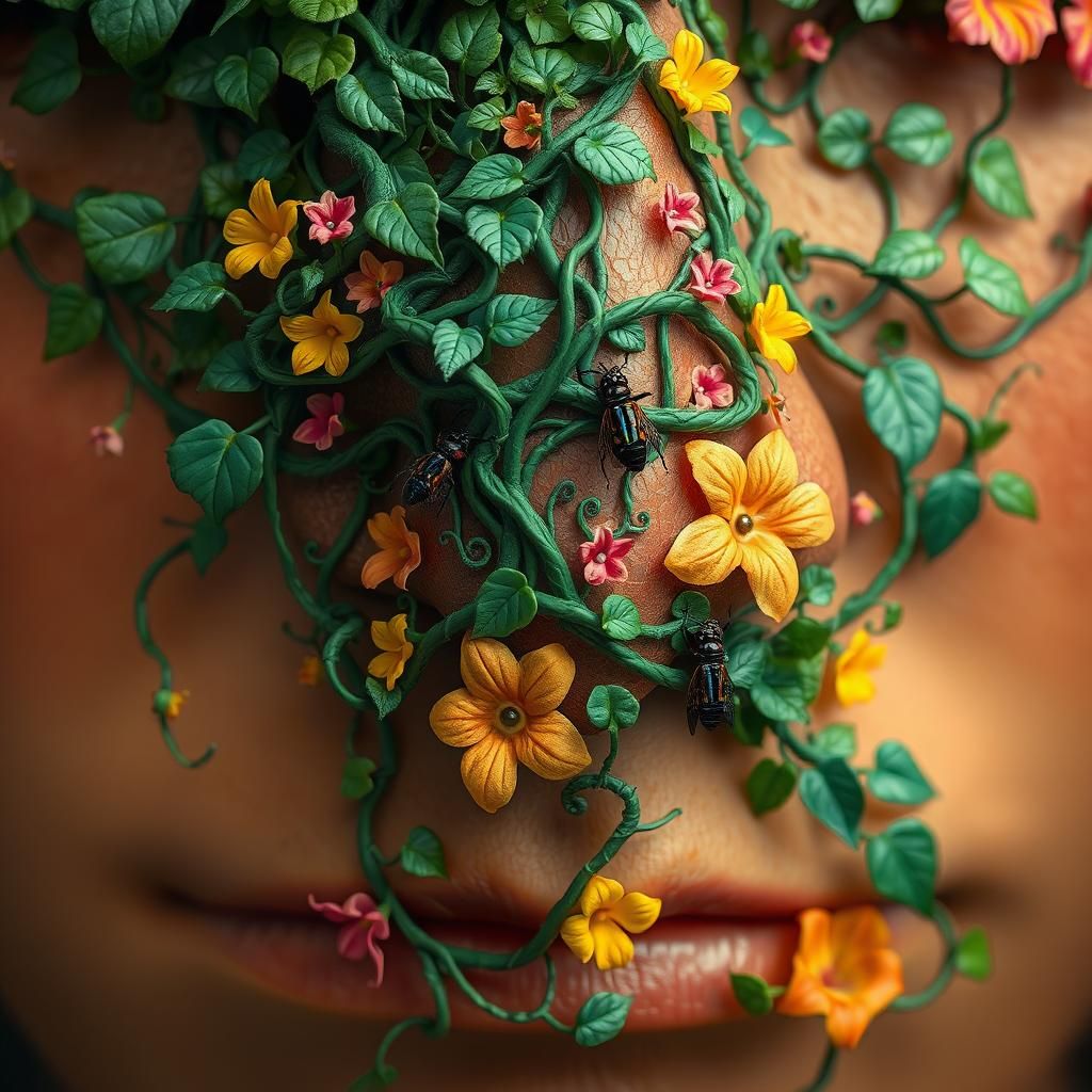 Colossal Nose with Emerald Vines and Tropical Flowers