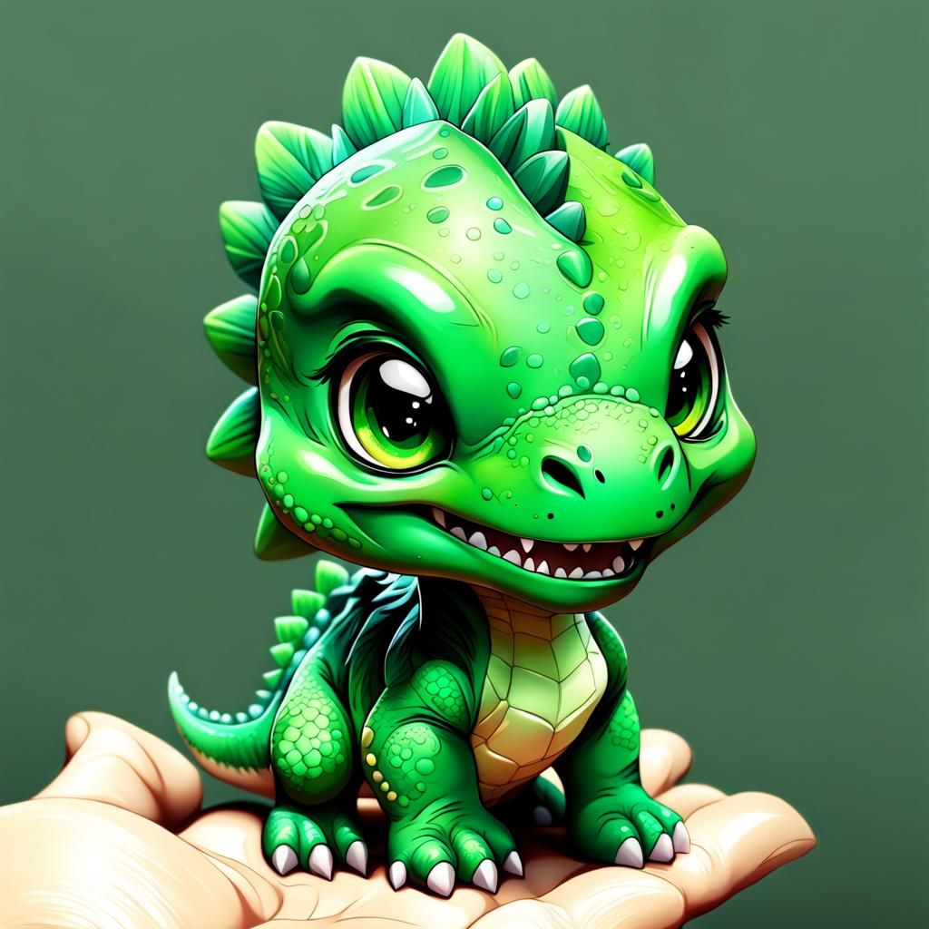 Green Baby Dinosaur in Chibi Art Style