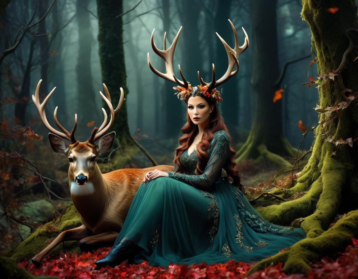 Antlered Woman in Enchanted Autumn Forest