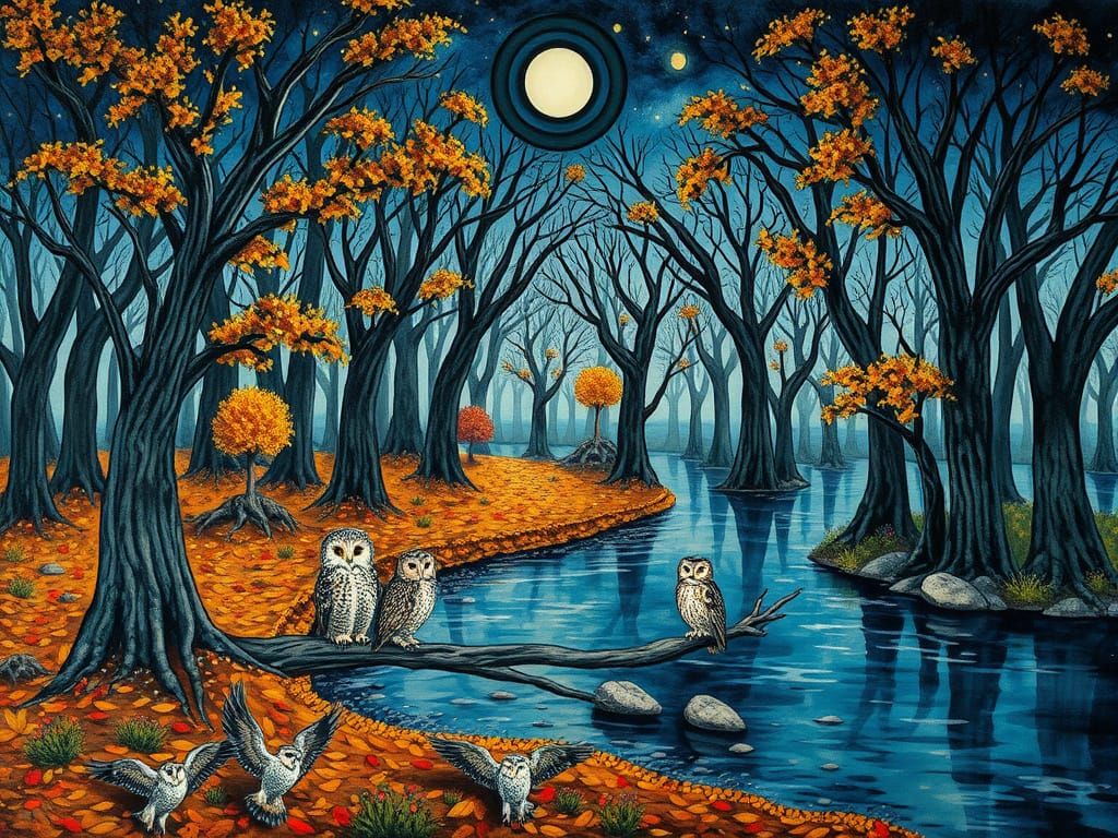 Ethereal Cubist Riverbank Scene in Autumn