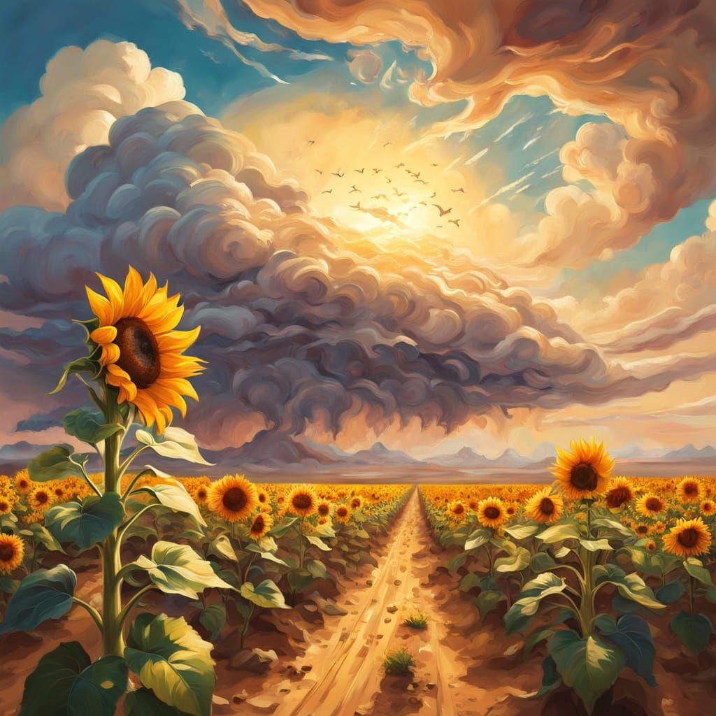 Sunflower in Desert: Ghibli-Style Oil Painting