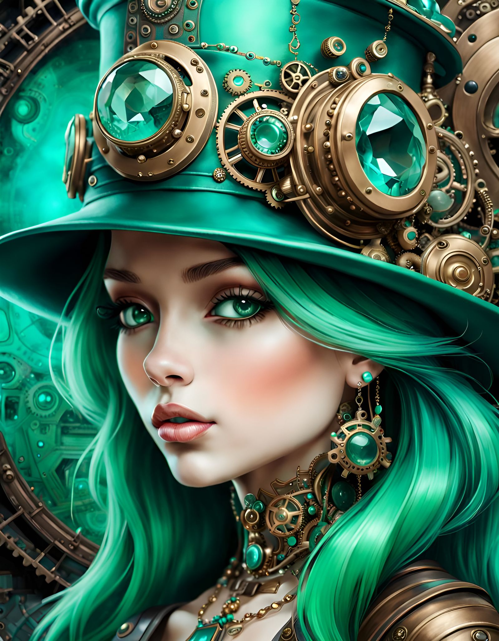 Woman in Green Hat: Cybermystic Steampunk Airbrush Art