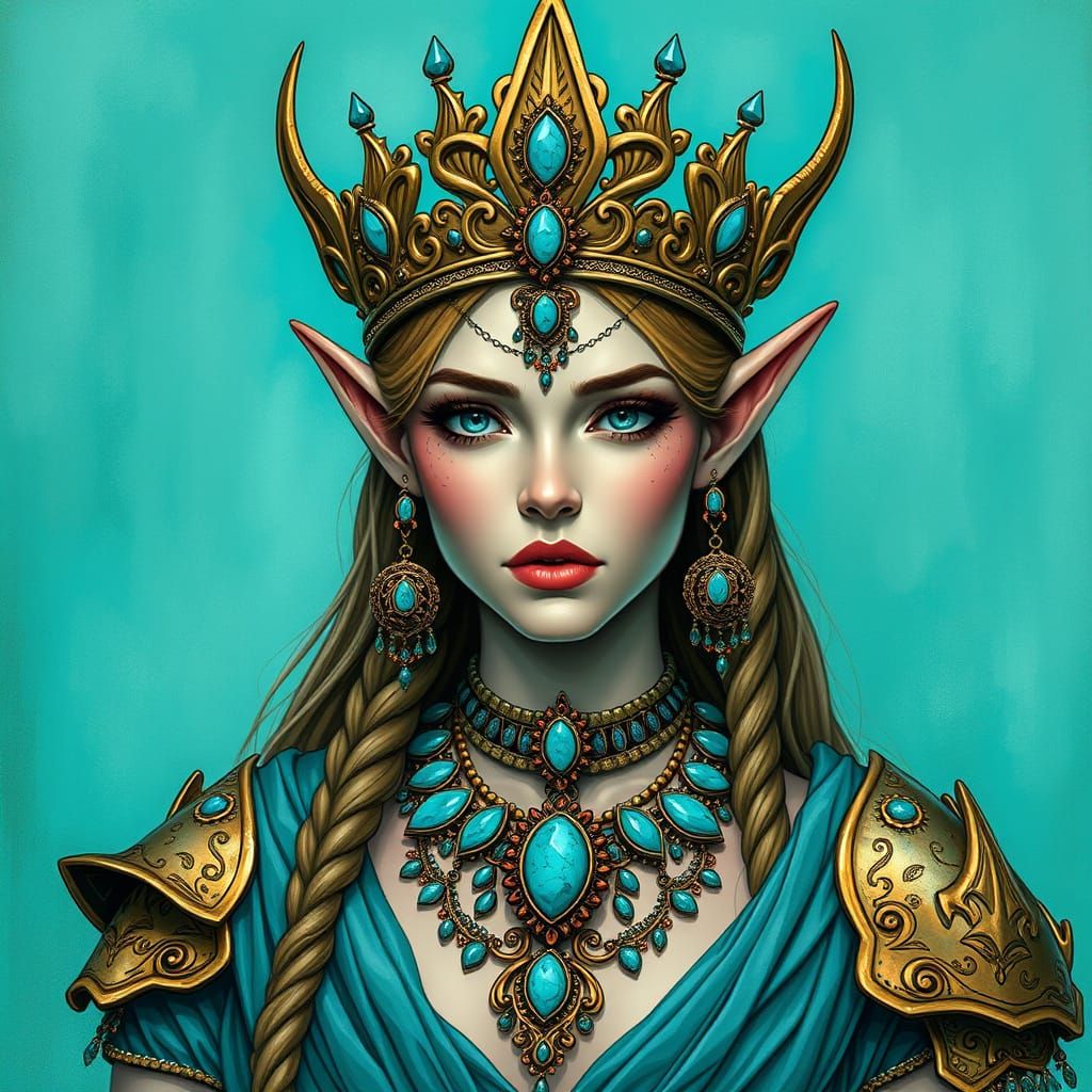 Regal Elven Warrior Queen in Turquoise Splendor