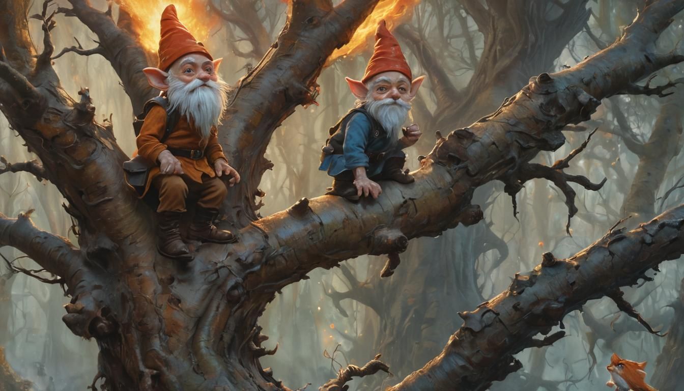 Gnomes Evade Fire Foxes: Storybook Illustration