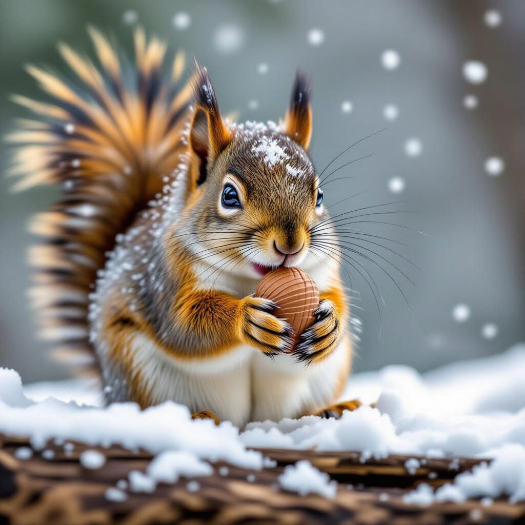 Squirrel Gathering Nut in Snowy Forest