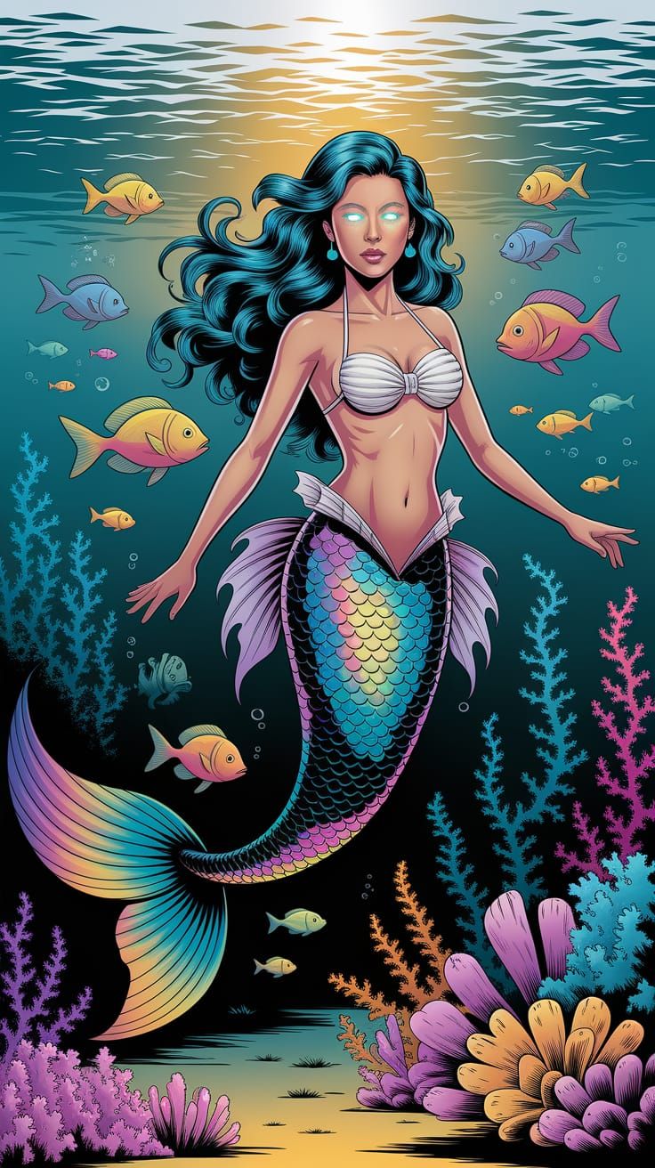 Mermaid with Iridescent Tail in Pulp Comic Style