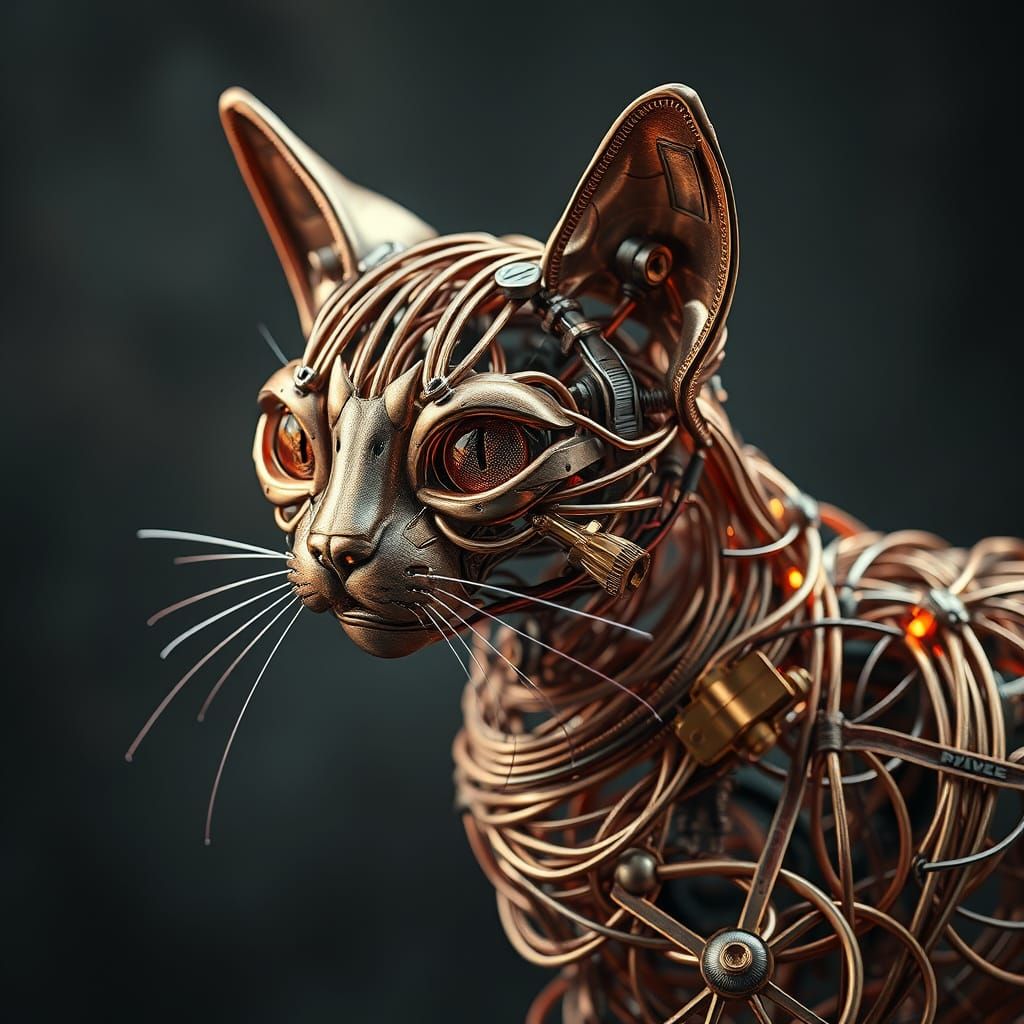 Mechanical Wire Cat in Industrial Futurist Style