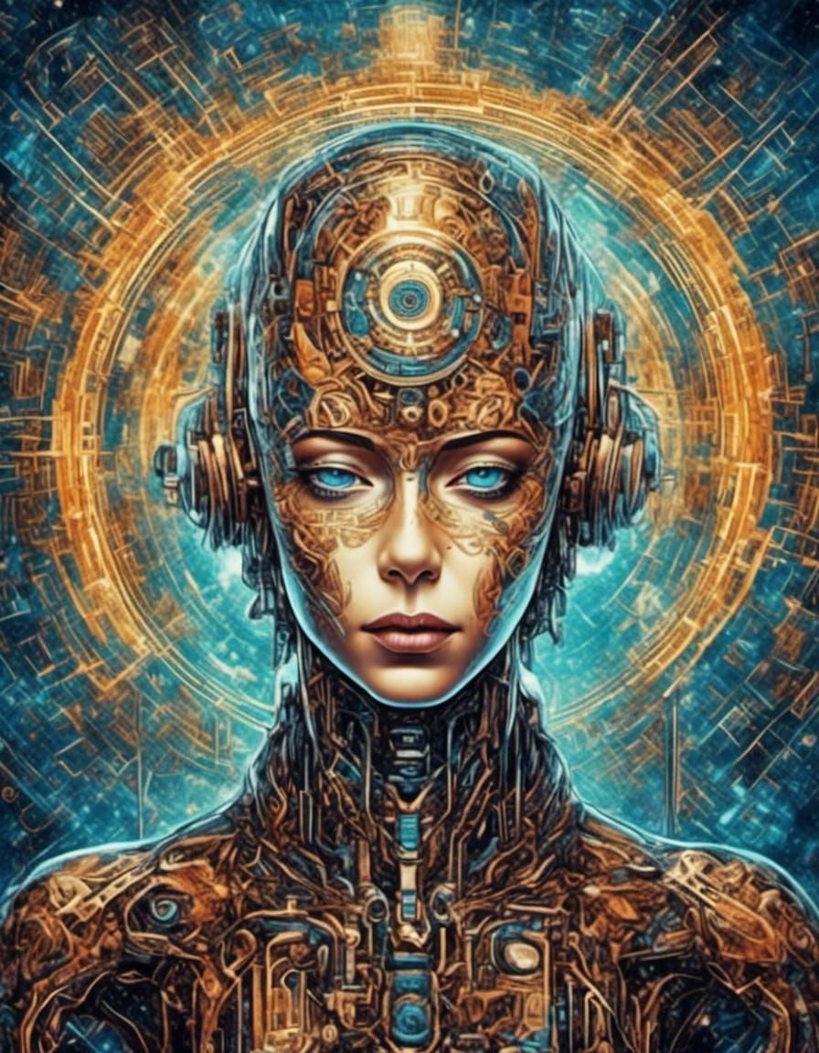 Steampunk Cyborg Portrait in Cubist Art Deco Style