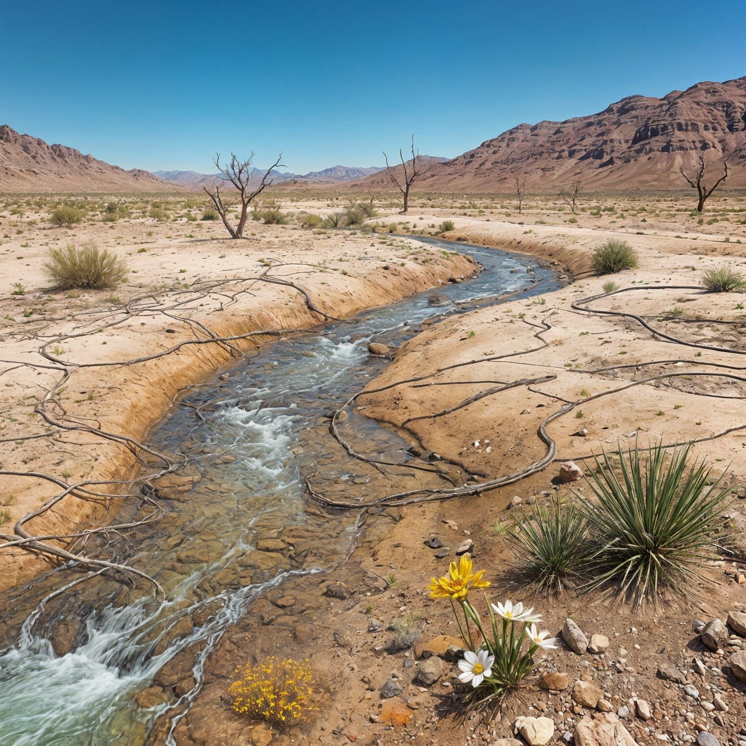 Desert Oasis with Flowing Stream and Flowers