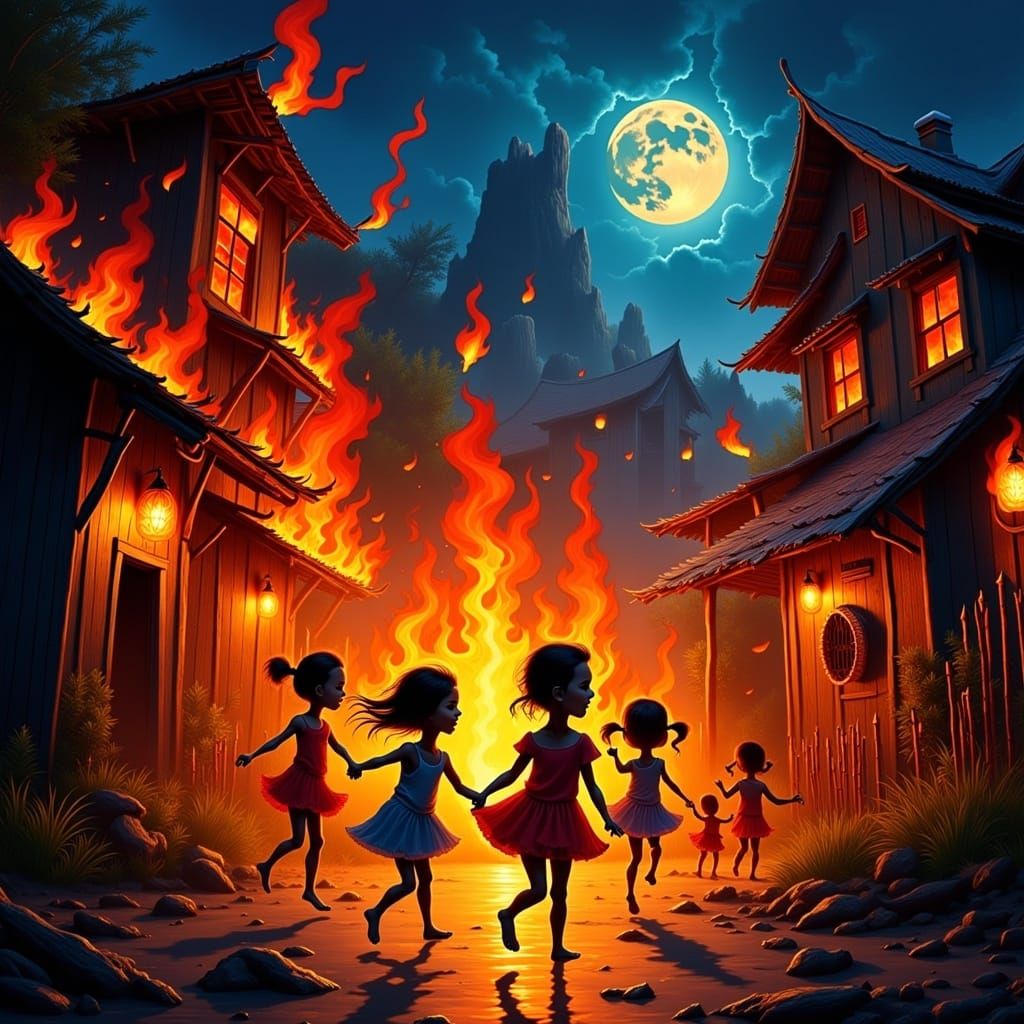 Children Dancing in Blazing Fire: Dreamlike Illustration