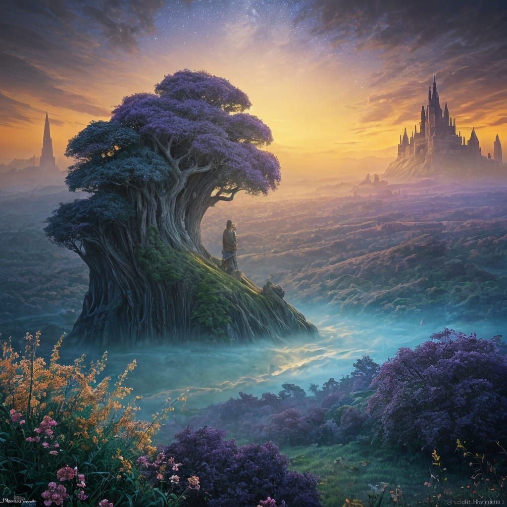 Kaleidoscopic Twilight Over Dreamlike Landscape in Art Nouve...