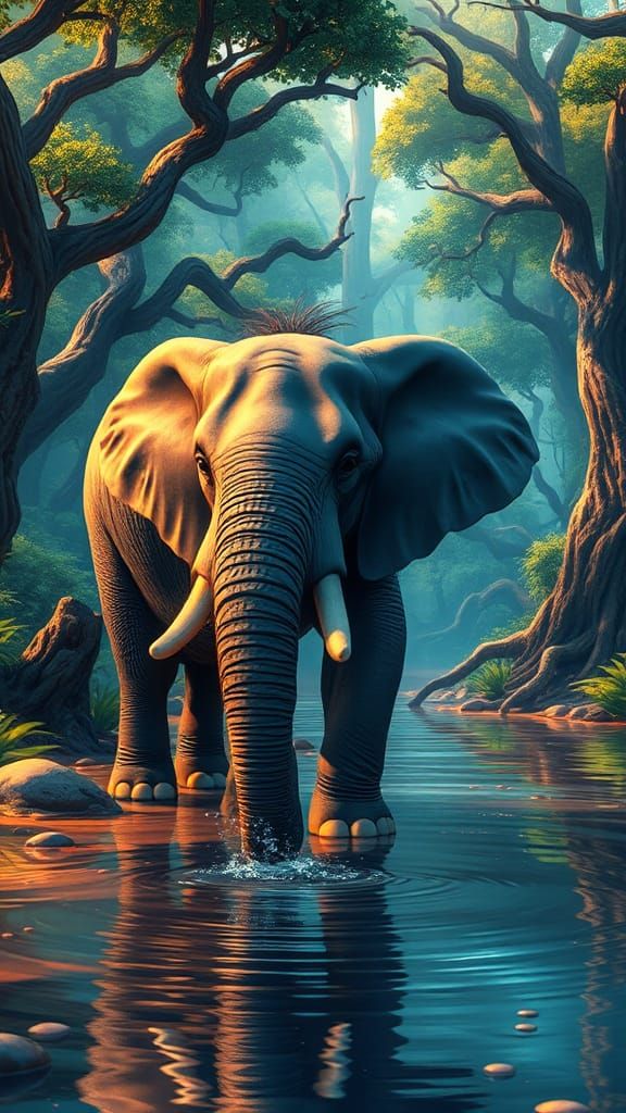 Elephant Drinking at River in Mystical Forest, 3D Cartoon