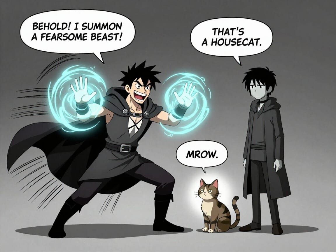 Fantasy Summoner and Bored Cat with Dramatic Lighting