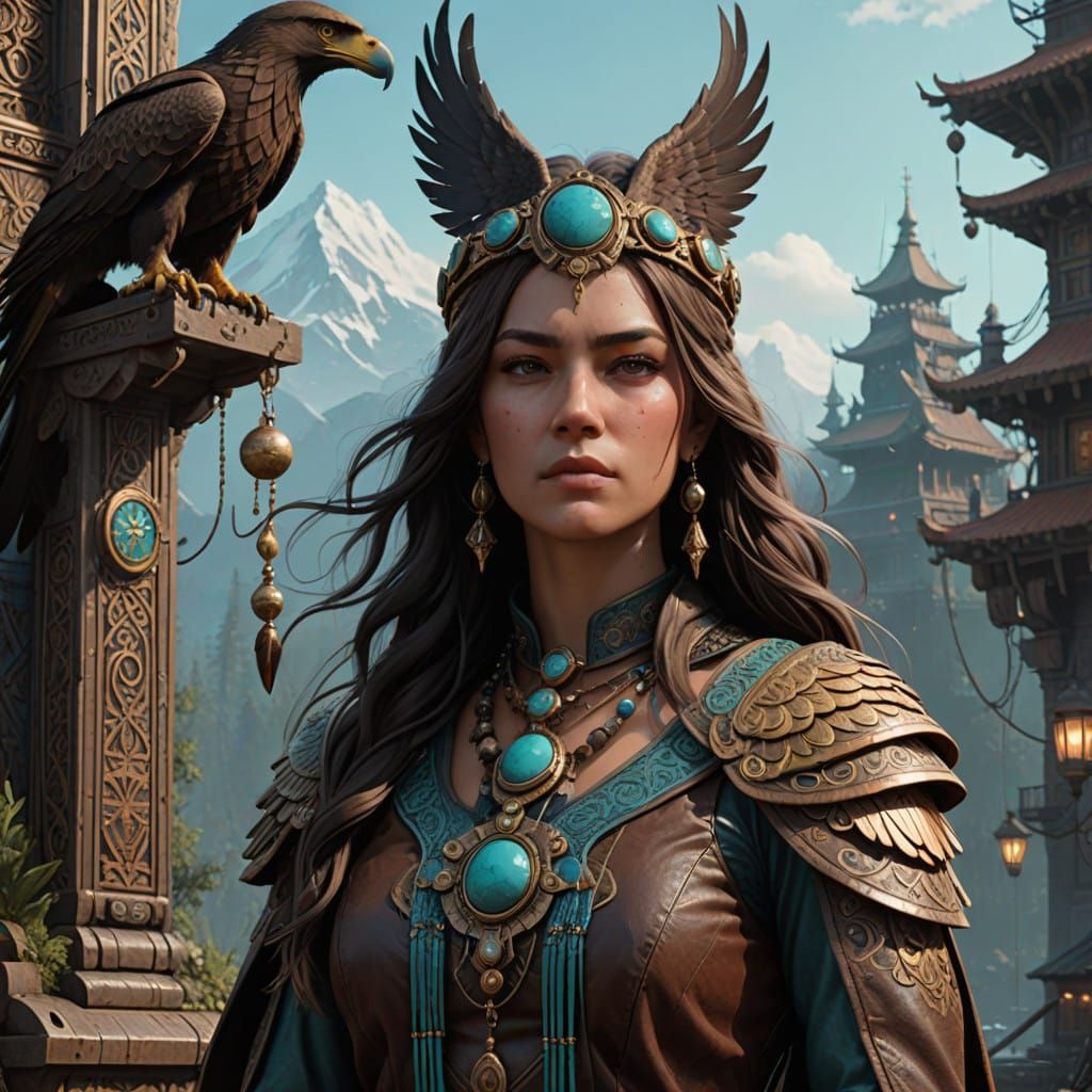 Elegant Fantasy Warrior in Brown Leather Armor with Majestic...