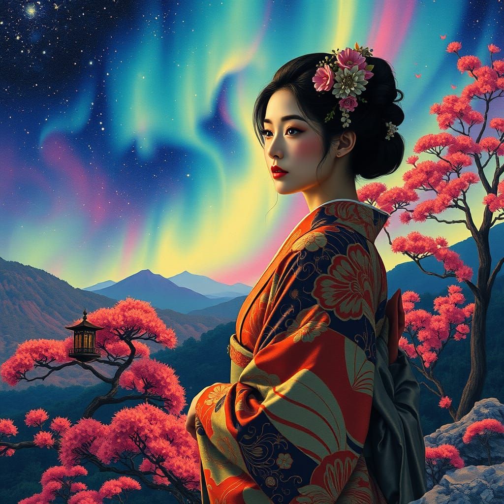 Geisha in Aurora Landscape, Fairycore Ukiyo-e Style