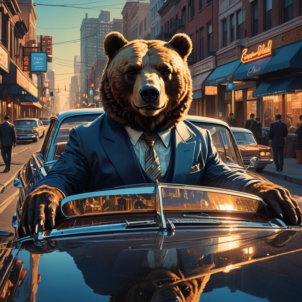Bear Priest Drives Cadillac in Retro Cityscape