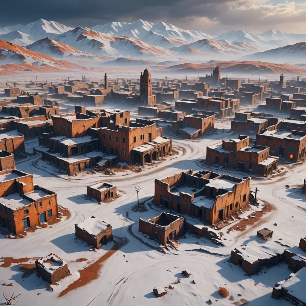 Snow-Covered Ruined Town in Desolate Landscape