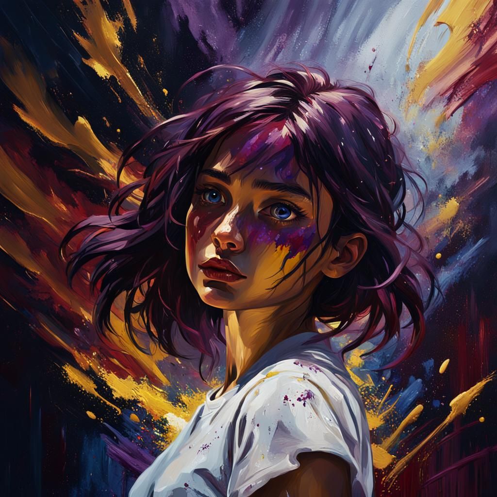 girl rising from dark foreground, scene against deep red bac...