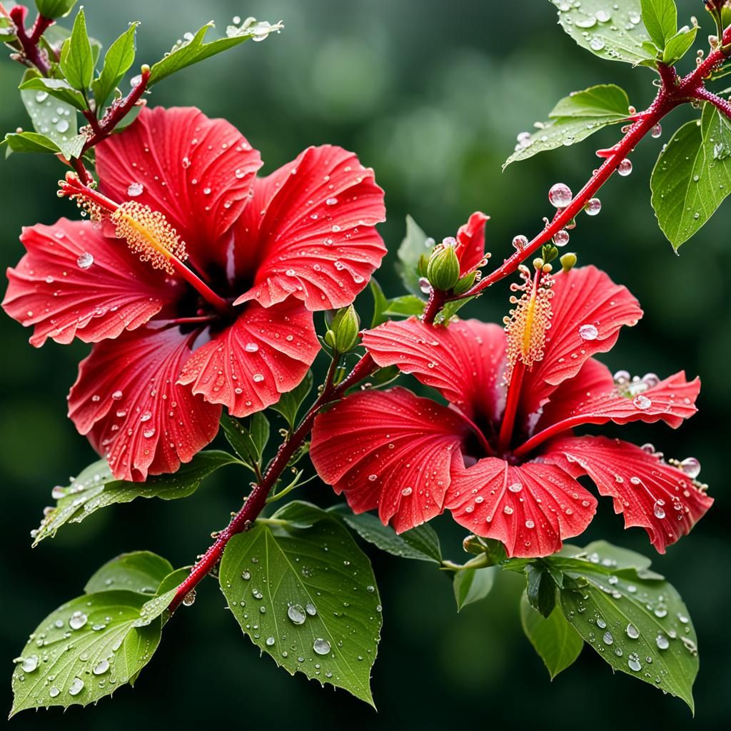 Close-up of a Red Hibiscus with Dew Drops
