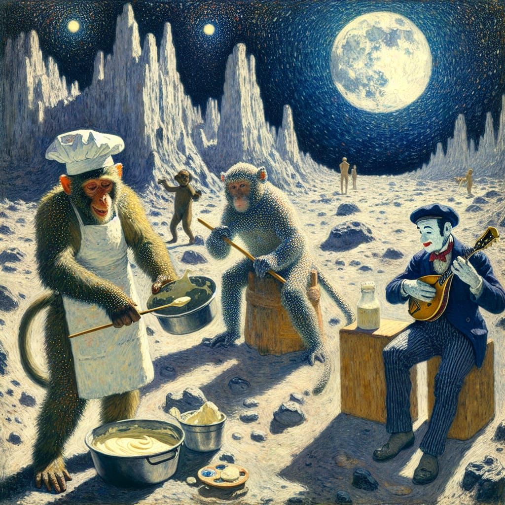 Monkey Baker on the Moon as Pointillist Painting