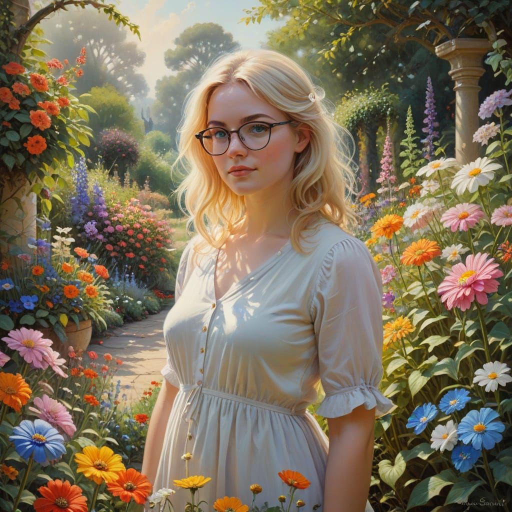 Blonde Woman in Whimsical Garden, Oil Painting