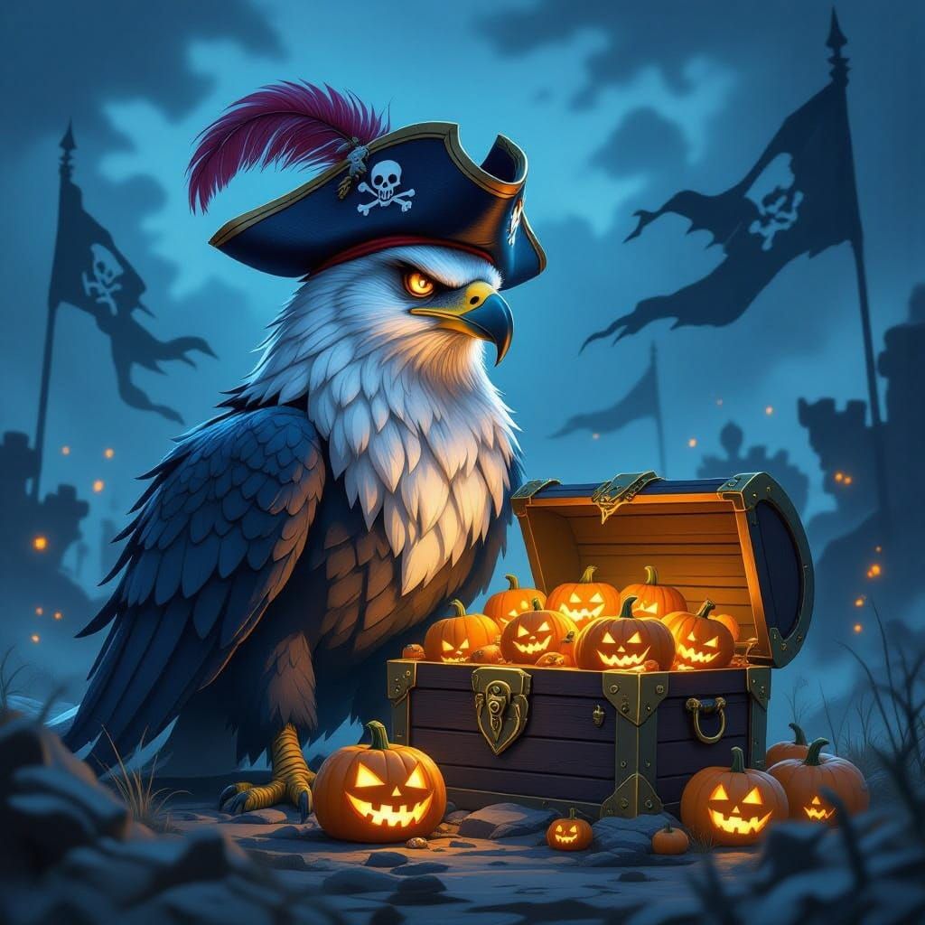 Majestic Griffin Guarding Glowing Pumpkins in Epic Fantasy A...