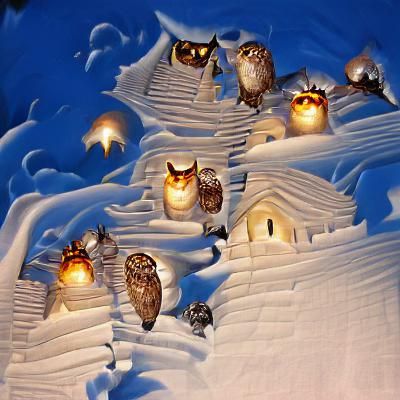 Owls Descend on Snow Village: Night Artwork