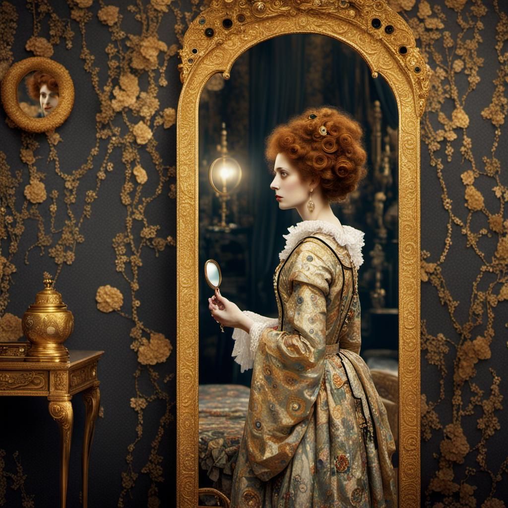 Lady with Mirror, in Gustav Klimt Style
