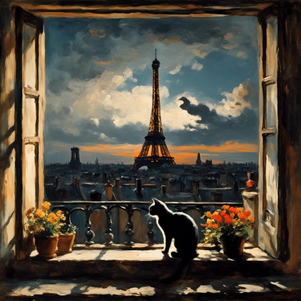 Stylized Cat in Paris at Night, Chiaroscuro Style