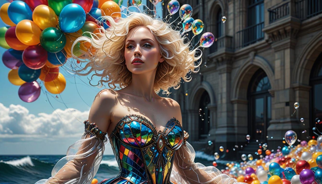 Stained Glass Woman Emerges from Balloons, Escher-esque