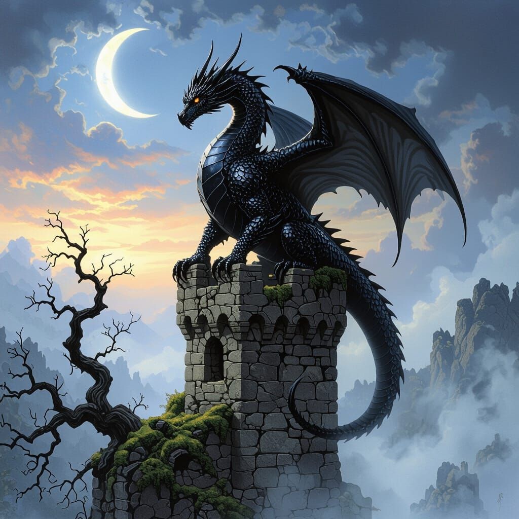 Majestic Dragon on Castle Spire in Dark Fantasy Style