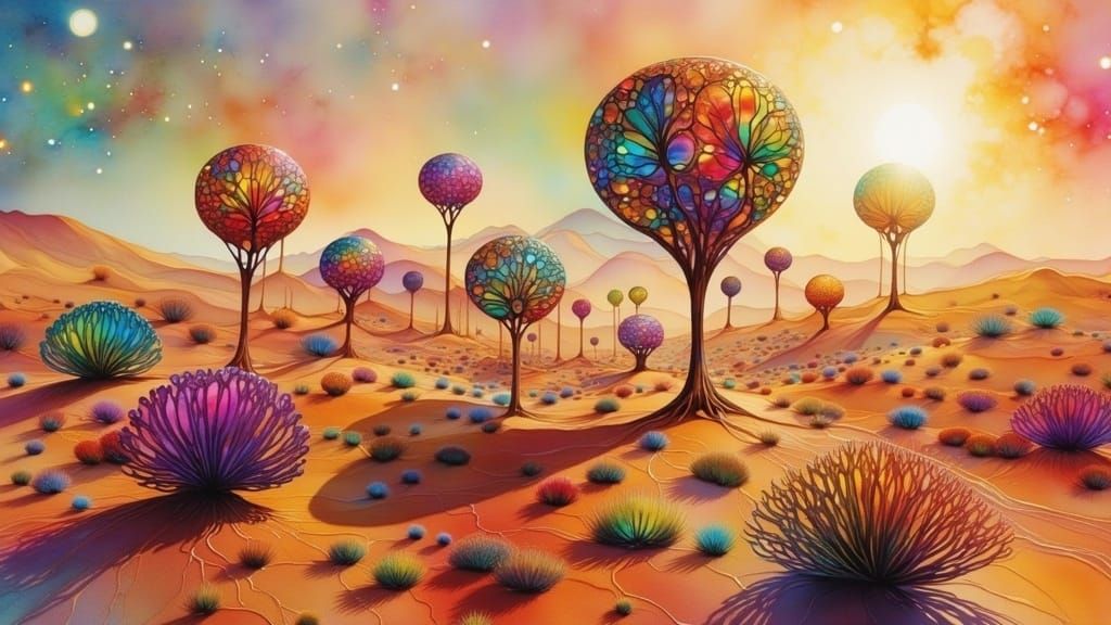 Surreal Desert Dreamscape with Mystical Creatures