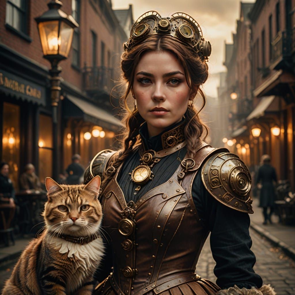Steampunk Victorian Woman and Her Majestic Tabby Cat