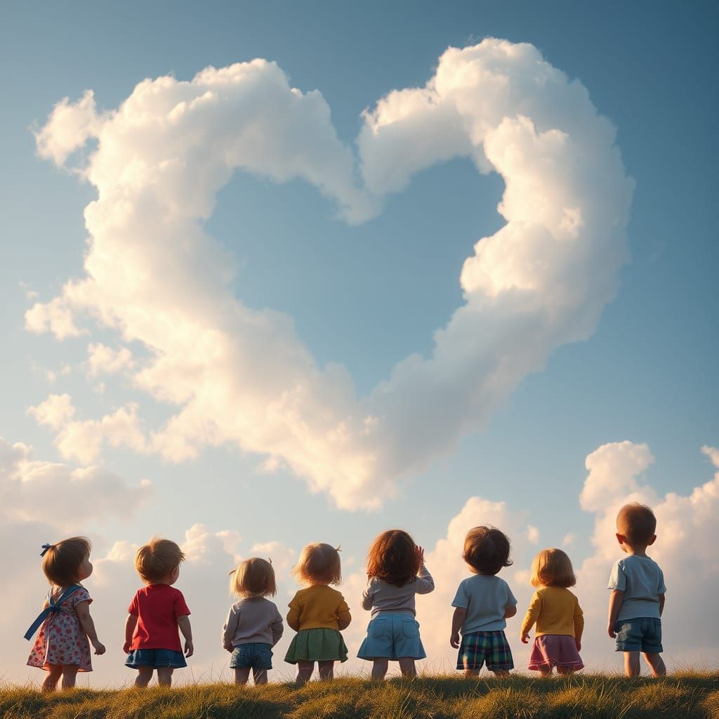 Little People Gaze at Heart-Shaped Clouds