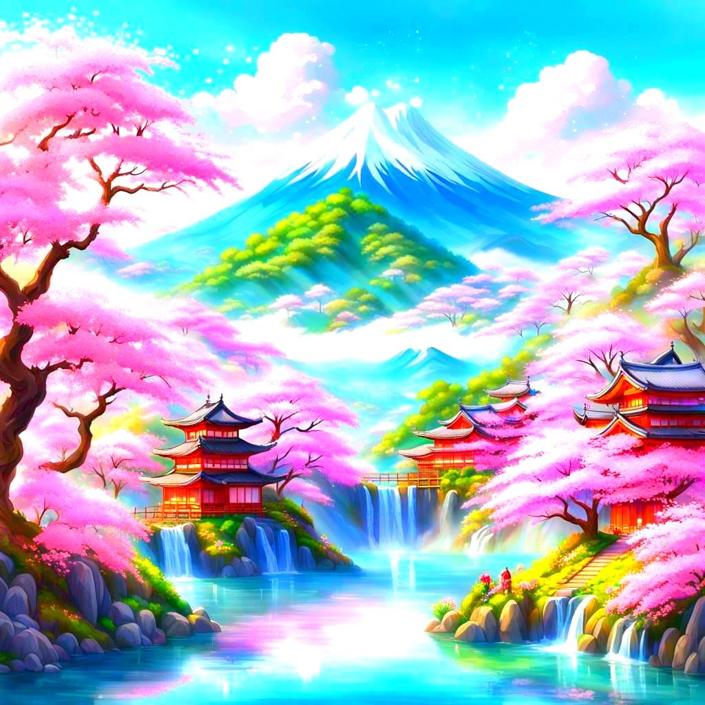 Cherry Blossom Mountain Range Floating Above Clouds
