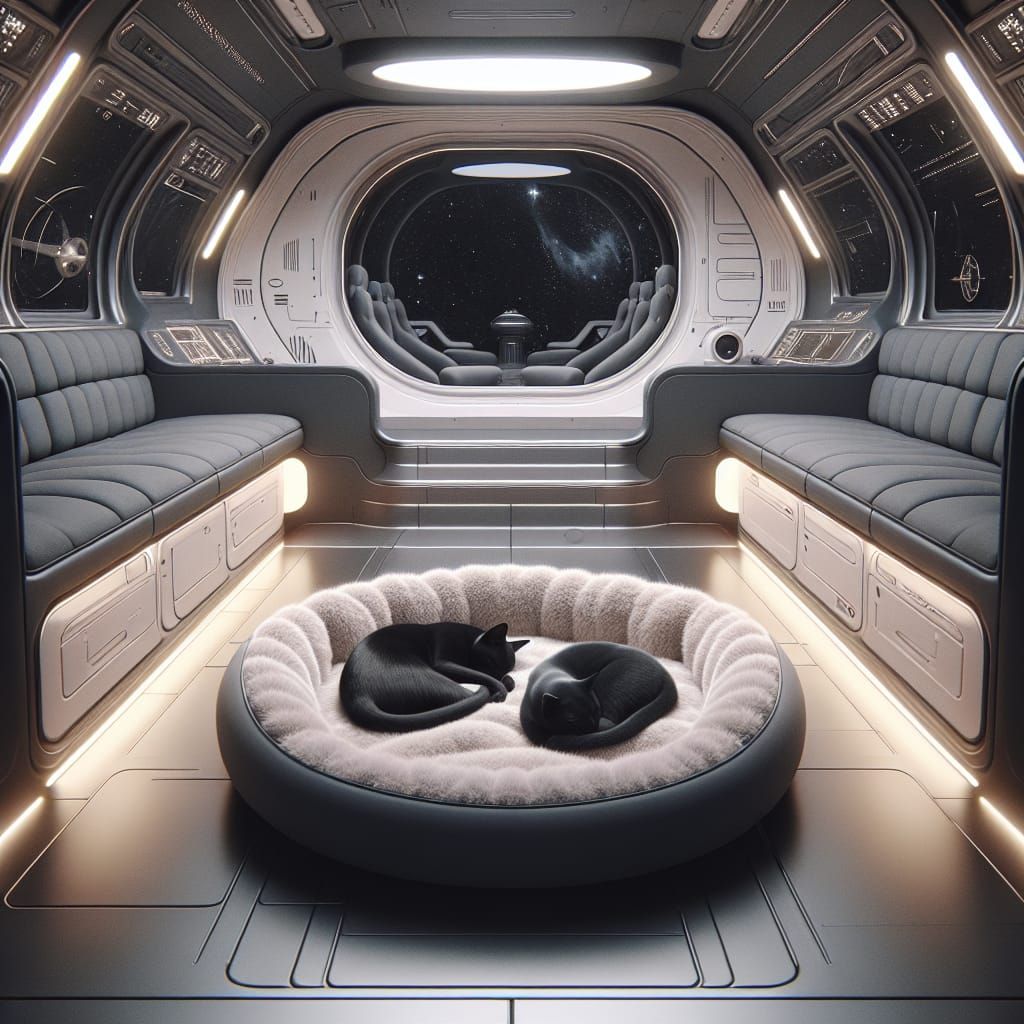 Black Cats Nap in Futuristic Spaceship Interior