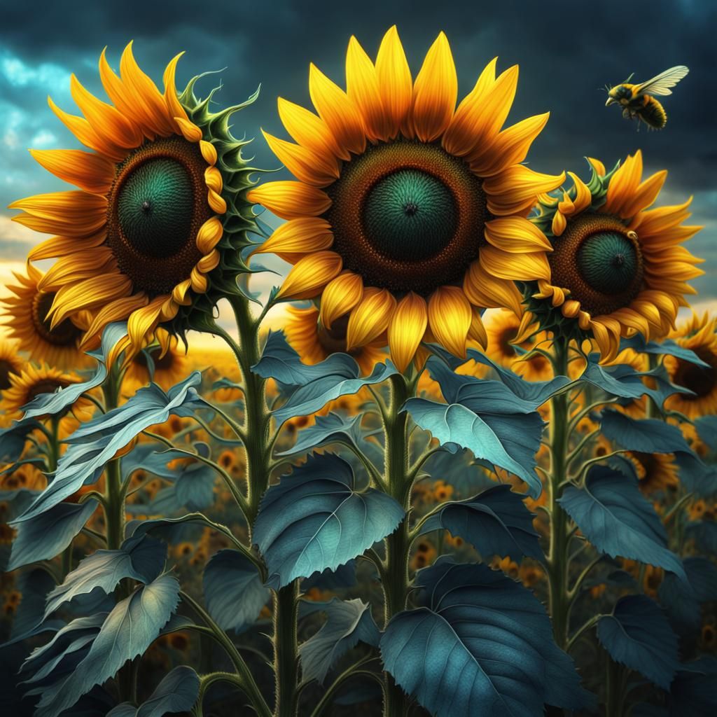 Metallic Sunflowers with Hornets: Digital Matte Painting