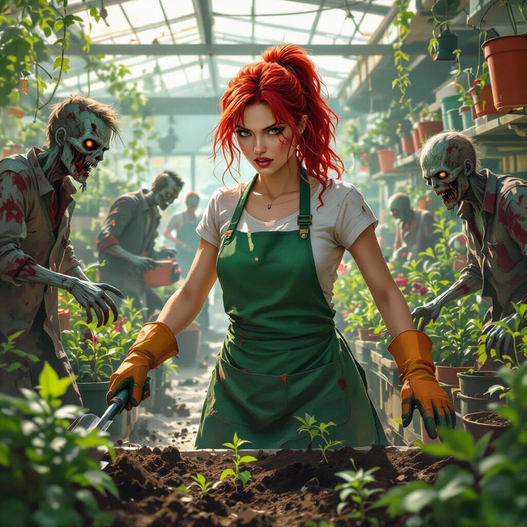Woman vs Zombie Customers in Dark Futuristic Garden