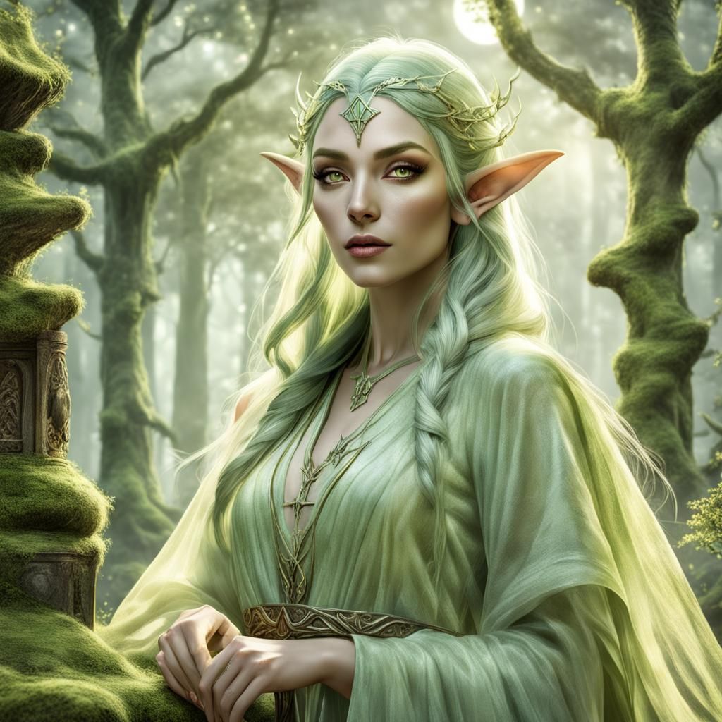 Elven Priestess Portrait in a Mossy Forest