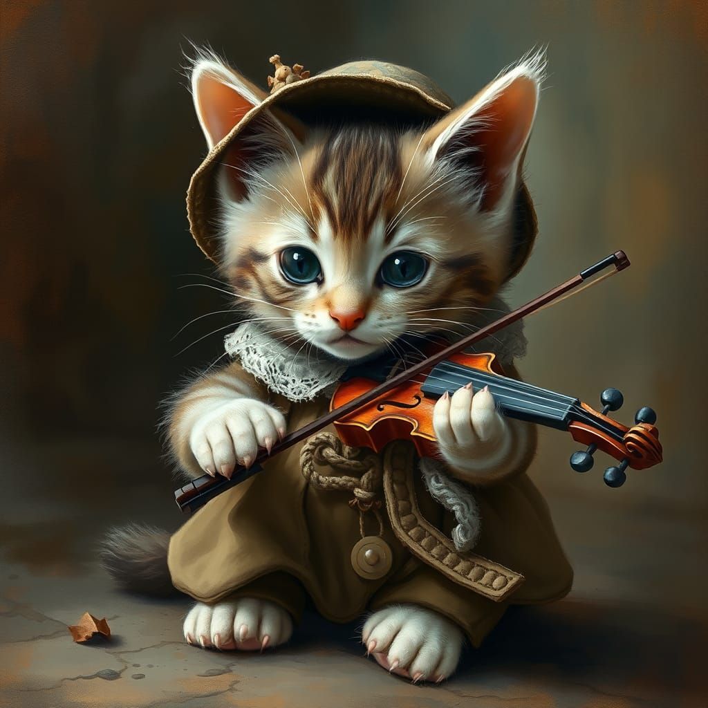Kitten Plays Violin in Whimsical Fantasy Art