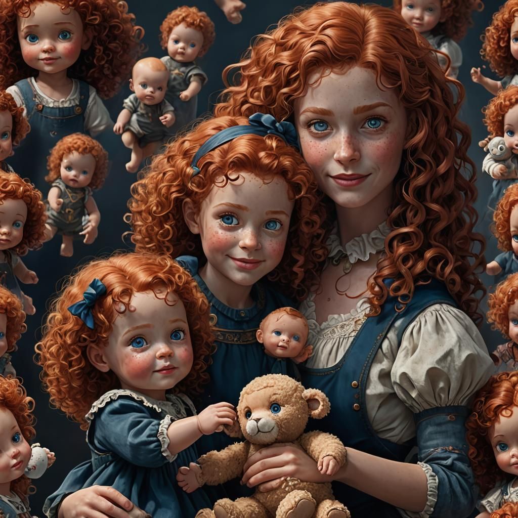 Girl with Red Hair Playing with Doll, Dark Fantasy Art