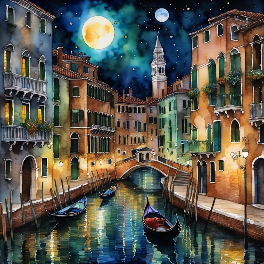 Venice's Grand Canal at Night in Van Gogh Style