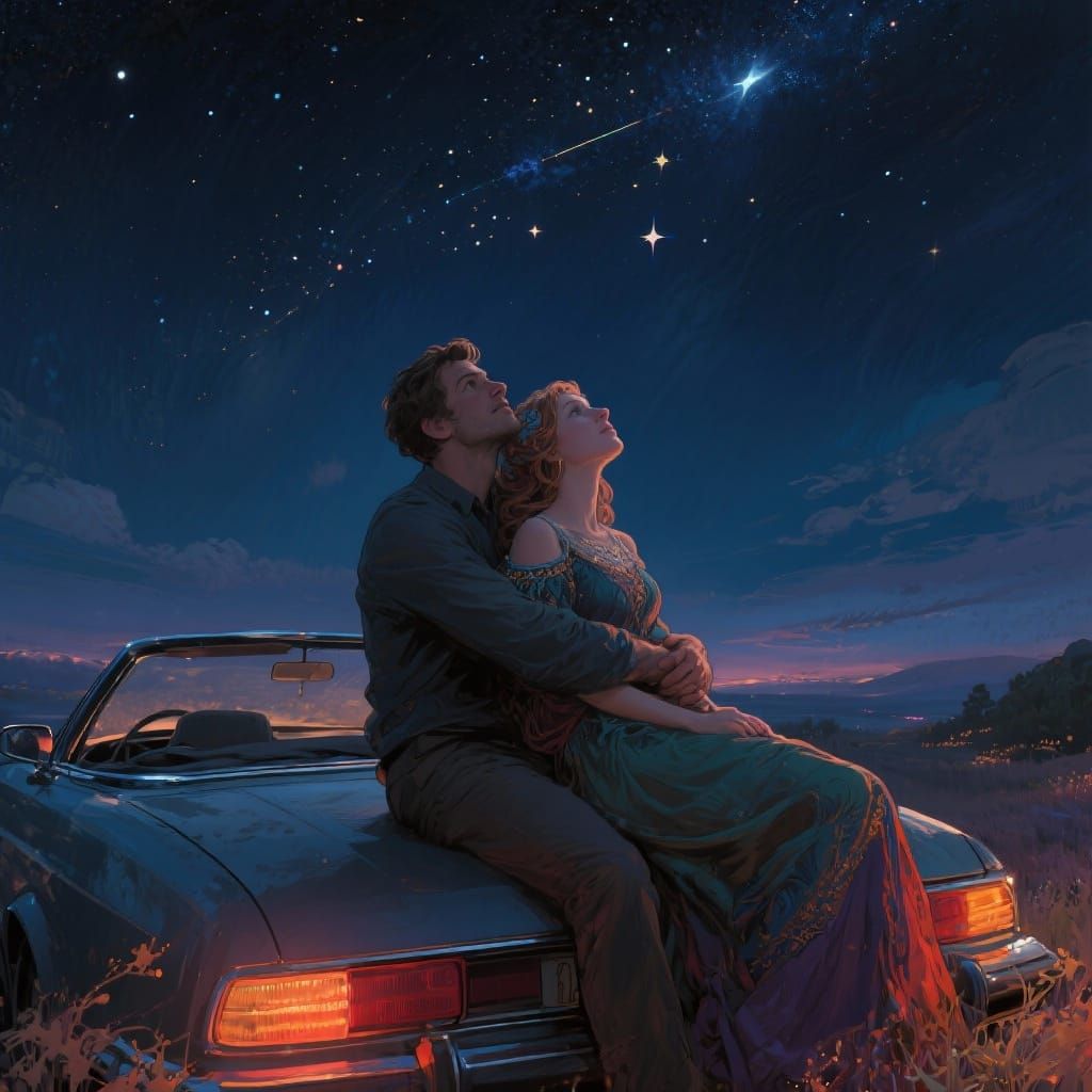 Couple Gazes at Starry Night Sky in Concept Art Style