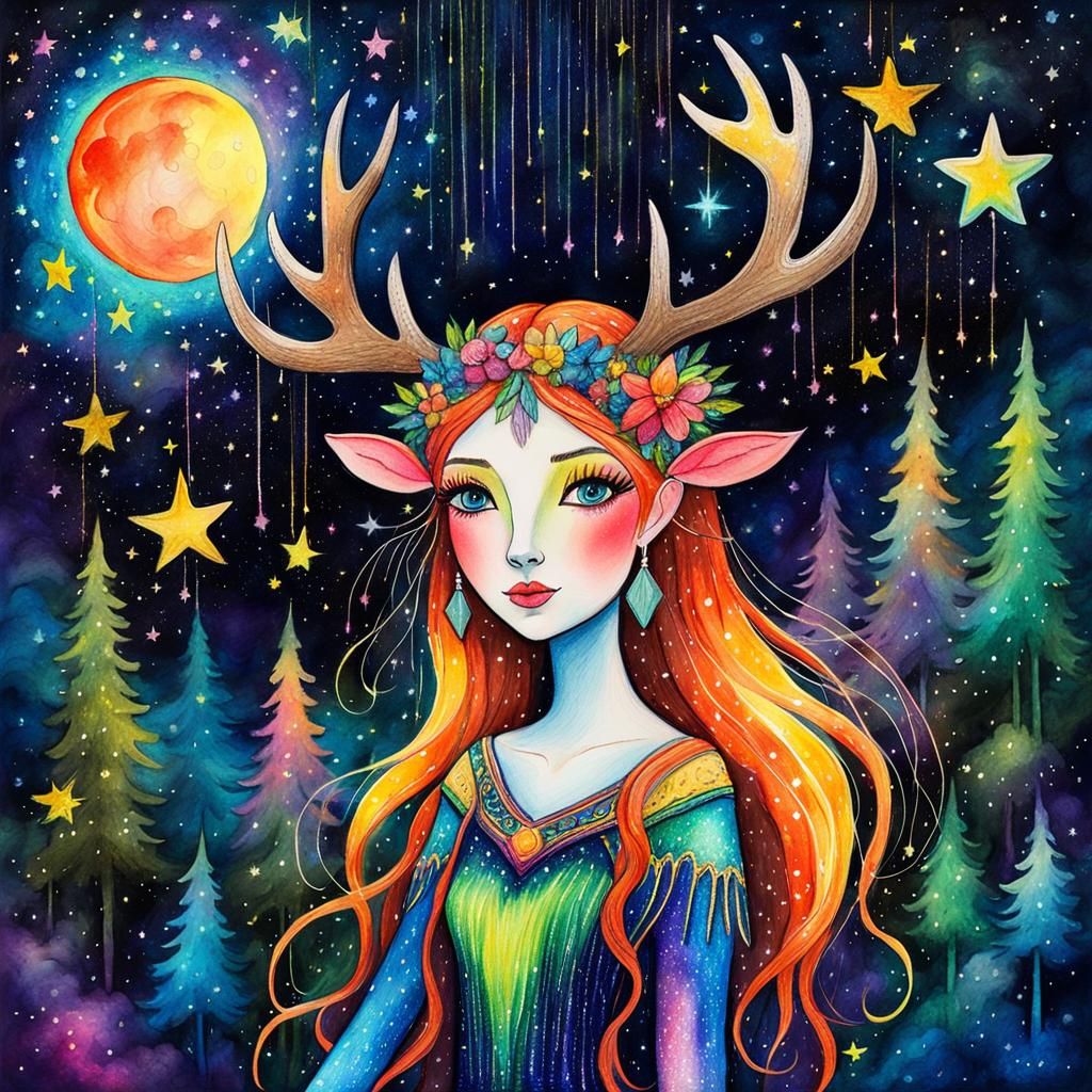 Cosmic Fairy Goddess in Rainy Starry Night