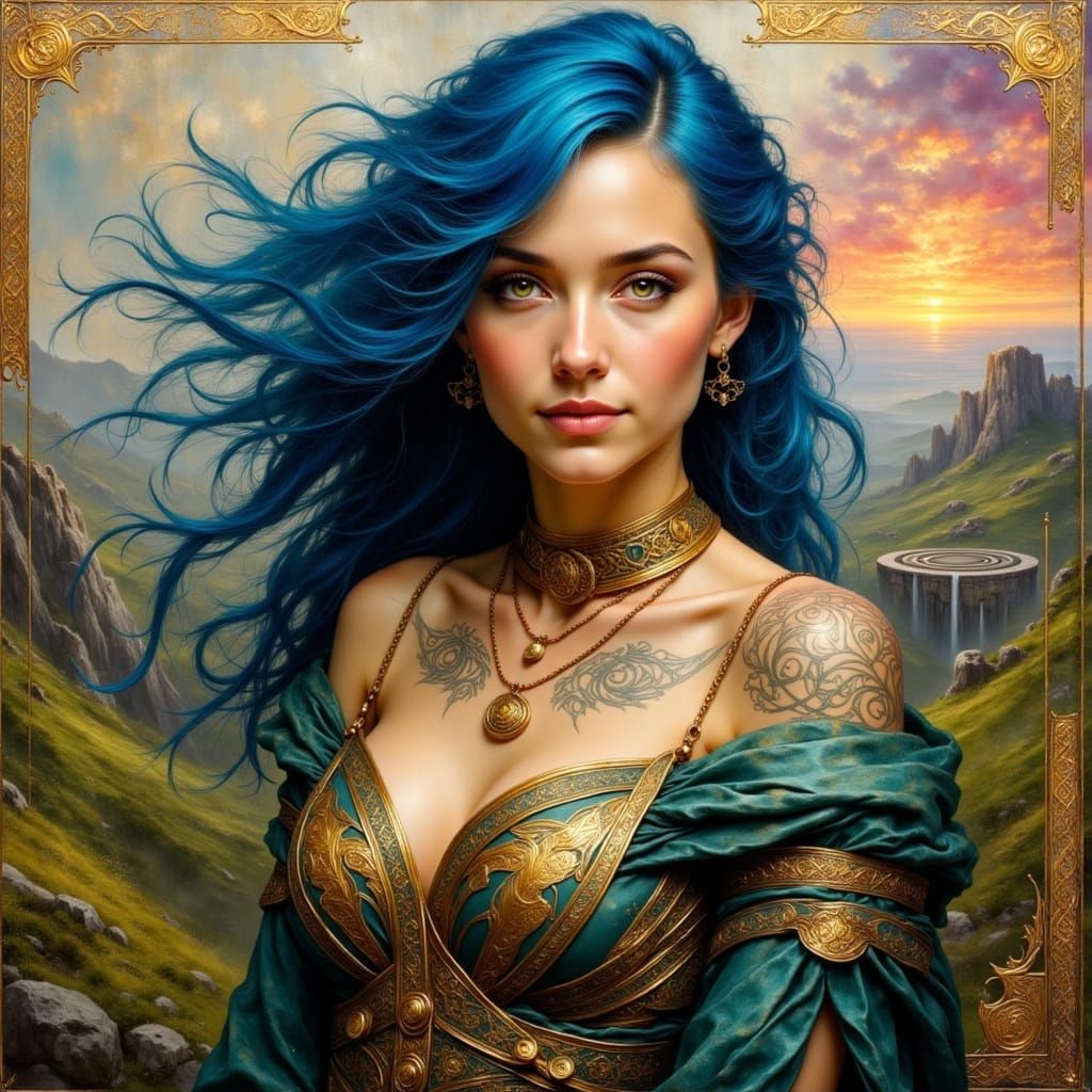Celtic Priestess in Surreal Oil Painting Landscape