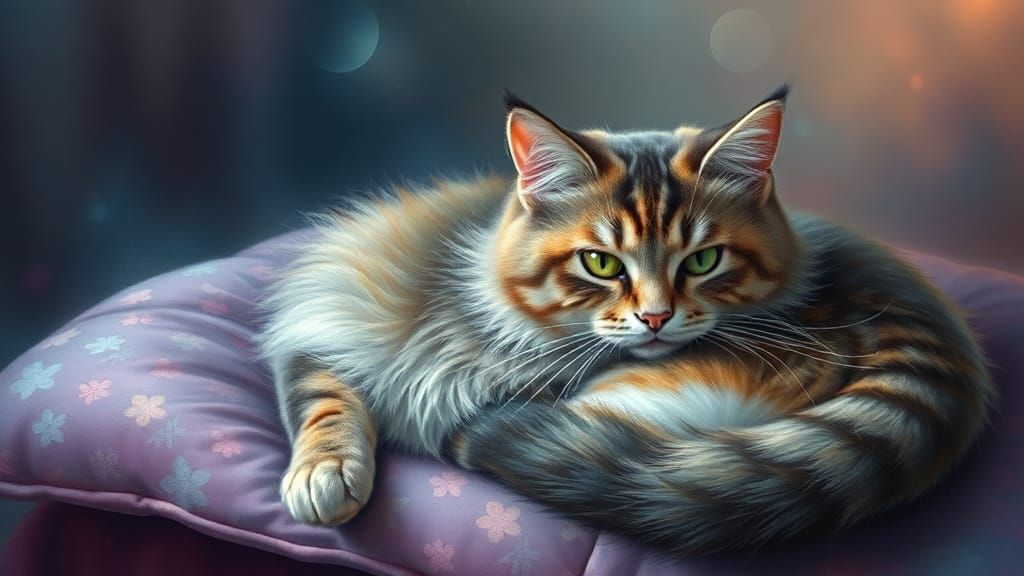 Colorful Cat Portrait on Pillow in Fantasy Style